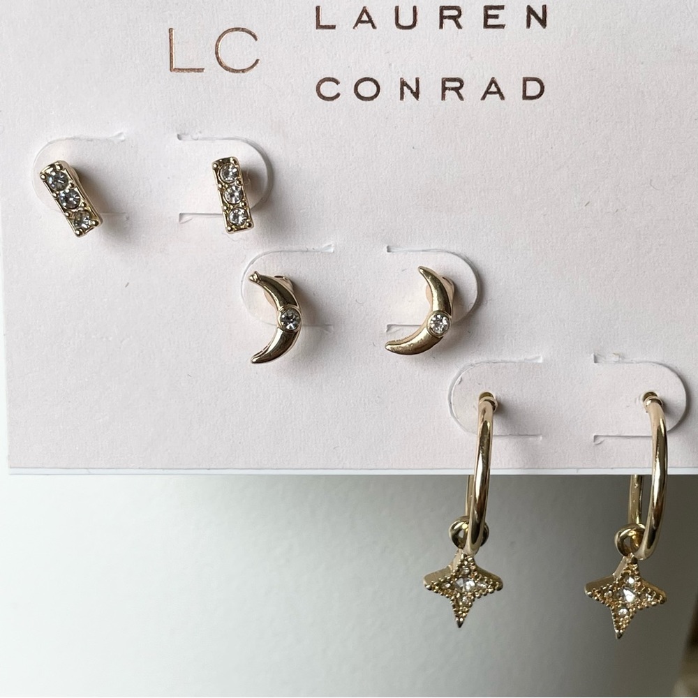 NWT LC LAUREN CONRAD Moon stud star hoop stud earrings, three pairs included - Picture 8 of 10
